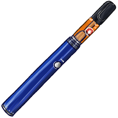  A drawing of a blue cannabis vape pen at an angle. It is long and thin. The cartridge in it has orange contents.